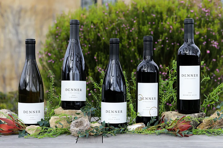 Five bottle line up of Denner wines.